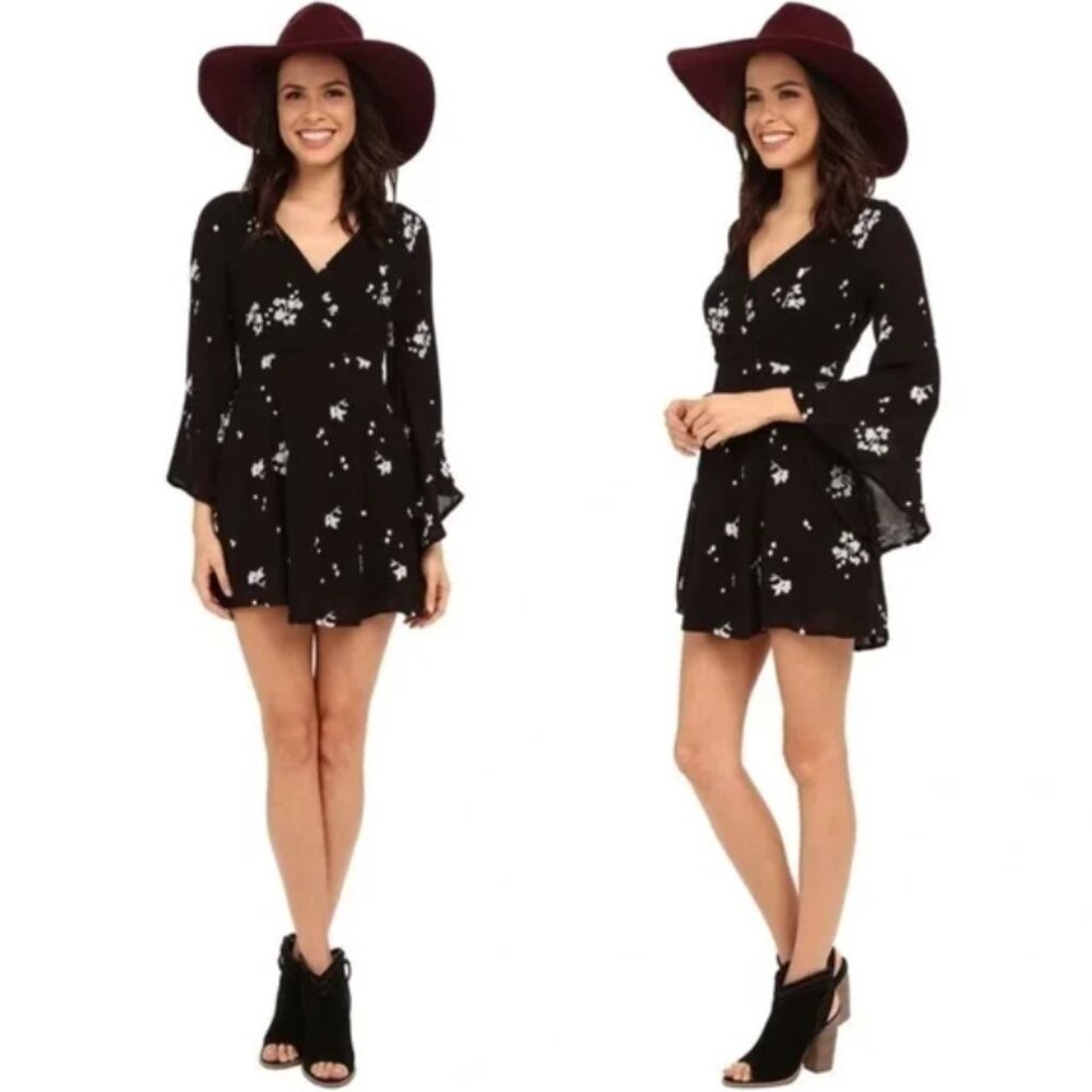 Sz 4 Jasmine Floral Black & White Flowey Sleeve Dress Mini Free People